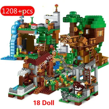 1208PCS Blocos de Construção Compatíveis Minecraftinglys Aldeia cavalo de batalha da Cidade de Casa na Árvore Cachoeira de Brinquedos Educativos Para Crianças