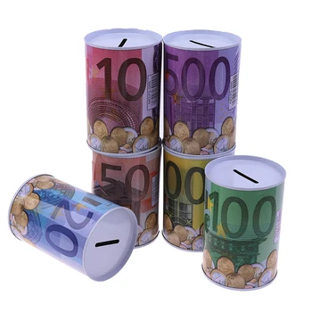 1PCs Criativo folha-de-Flandres Cilindro Piggy Bank Euro Dólar de Caixa de Imagem de Poupança das Famílias Caixa de Dinheiro a Decoração Home Dinheiro de Caixas de