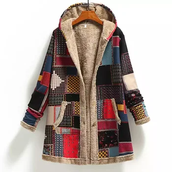 2022 Inverno Vintage das Mulheres Casaco Quente de Impressão Grossos de Lã com Capuz Jaqueta Longa com Bolso Senhoras Cuecas Frouxas Casaco para Mulher