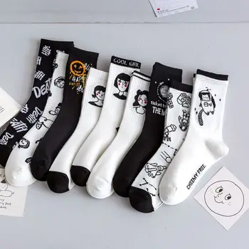 2022 novo outono preto e branco esporte mulheres meias de algodão bonito meias de inverno mulheres kawaii impresso meias de moda japonesa meia