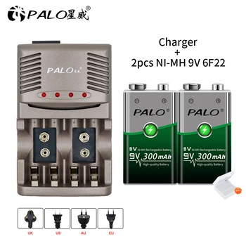 2pcs de 9V 300mAh recarregáveis ni-mh bateria 6F22 +Carregador de Bateria para AA, AAA e 9V Ni-MH, Ni-Cd, bateria recarregável UE plug atacado