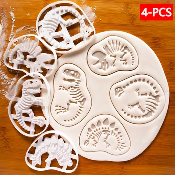 4PCS 3D Dinossauro Cookie Cortadores de Moldes Biscoito Relevo Molde de Sugarcraft Sobremesa de Fermento Molde de Cozinha, Panificação Pastelaria Decoração Ferramenta