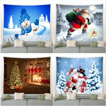 A decoração da casa do boneco de neve do natal santa renas lareira noite de inverno tapeçaria de parede árvore de natal tapeçaria 230x180cm tapiz