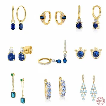 Ajudante de Prata 925 Azul CZ Zircão Coleção de Brincos Para Mulheres Safira Cristal Brincos de Festa de Casamento Jóias Finas