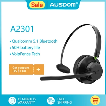AUSDOM&MIXCDER A2301 V5.1 sem Fio Office Fone de ouvido com Redução de Ruído do Microfone, Tipo C Custo 32h tempo de Conversação de Telefone, Fone de ouvido