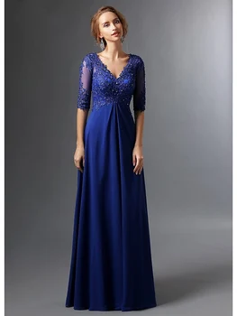Azul Royal 2019 Mãe Da Noiva Vestidos de Uma linha-V-pescoço Metade Mangas Chiffon Lace Longa e Elegante Mãe do Noivo Vestidos de Casamento
