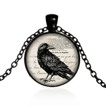 Black Raven Colar Gótico Corvo Pingente de Pássaro Jóias de Vidro Cabochão de Fotos de Animais Colar para o Amante Instrução Colar