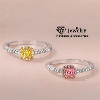 CC Anéis Para Mulheres Finas Jóias cor-de-Rosa e Amarelo Pedra Quadrada, Anel de Senhoras Vintage de Noiva Engajamento Bague CC1576