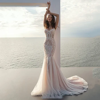 Champagne Vestido de Noiva Sereia 2023 Mulher Elegante Pulseira de Applique Lace Vestido de Noiva Boêmio Querida Robe De Mariée Vestido