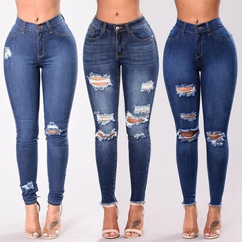 Cintura alta push-up jeans Mulheres Slim fit calca jeans de senhoras Rasgado elástico skinny jeans Sexy Buraco vintage namorado jeans