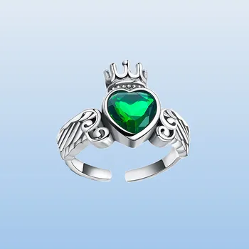 Claddagh Anel De Prata Esterlina 925 Verde Zircão Coração Coroa Elegante Design Clássico Asas De Anjo Ajustável Irlandês Jóias