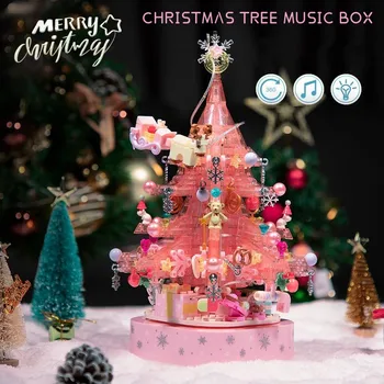 Cor-de-rosa Árvore de Natal Blocos de Construção de Giro Luzes, Música Caixa de Papai Noel Luminoso do DIODO emissor de Modelo de Tijolos Meninas Montagem de Brinquedos de Presente