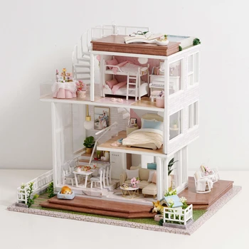 DIY de Madeira Villa Doll House Kit Miniatura, Com Mobiliário de Luz Tão Bem a Casa Casa de bonecas Brinquedos Roombox Para Adultos Presentes de Natal