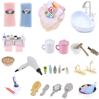 DIY em Miniatura Casa de bonecas casa de Banho Móveis de Conjuntos de Acessórios de Banho Escova de dentes pasta de dentes Copa do Pente, Secador de Cabelo, Espelho de Presente do Bebê