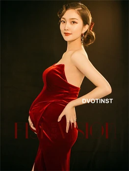 Dvotinst Mulheres Fotografia Adereços Vermelho com decote em V sem encosto Maternidade Vestidos Elegantes Gravidez Dividir Vestido Studio Roupas Photoshoot