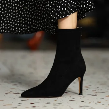 Estilo clássico, as Mulheres Sapatos de Salto Sexy Calçados Ponto de Peúgas do Dedo do pé de Botas para as Mulheres Modernas do Estiramento no Tornozelo Botas de Inverno de Sapatos de Mulher