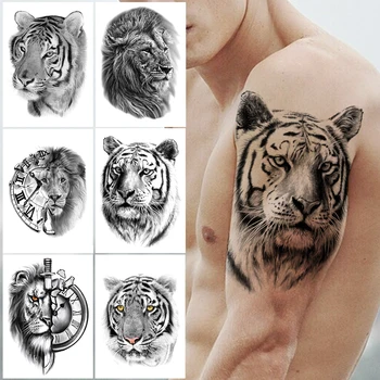 Grande Tigre Leão Tatuagem Temporária Para Os Homens, Mulheres, Adultos, Crianças Bússola Espada Tatuagens Adesivo Preto De Alta Qualidade Falsas Tatuagens No Antebraço