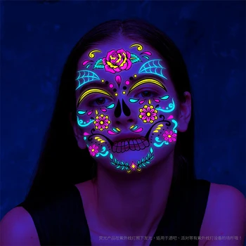 Halloween Fluorescente Impermeável Tatuagem Temporária Adesivo Luminoso Dia dos Mortos Crânio Partido Rosto com uma Máscara Flash Tatto Falsa Tatoo