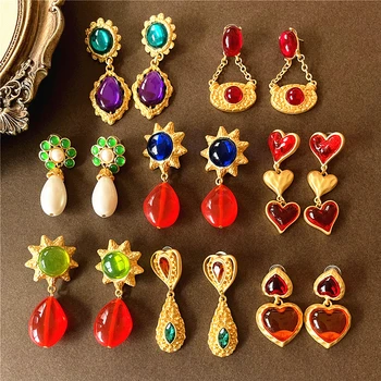 HUANZHINEW Retro Chic Multicolor Strass Coração Gotículas de Água Estrela Geométrica de Metal Brincos para Mulheres Meninas a Festa de Jewelr