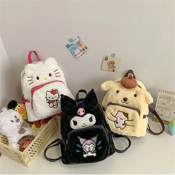 Kawaii Sanrio Bolsa Hello Kitty De Pelúcia Saco Kuromi Minha Melodia Com Plushies Dentro Da Mochila Crianças Saco De Escola Da Menina De Presente De Natal