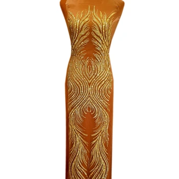 Longa Colado Brilho Dourado Africana, Nigéria Particular Frisado Pó De Renda Patches Applique Para O Design De Roupas, Trajes De Vestido De Baile