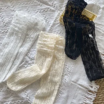 Meias femininas bonito laço branco meias das mulheres do meio tubo de meias de malha fina renda Mary Jane verão pilha de meias