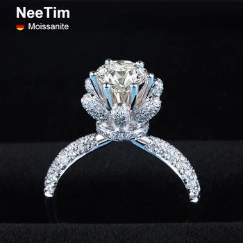 NeeTim Real Moissanite Anéis 5CT Diamante Brilhante Halo Anéis de Noivado Para Mulheres Meninas Promessa de Presente da Jóia da Prata Esterlina