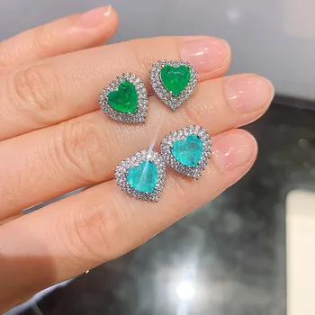 O NOVO Luxo Paraíba Esmeralda Safira Forma de Coração Brincos Para Mulheres, Verde, Azul, Completo Diamante de Presente do Dia dos Namorados Jóias