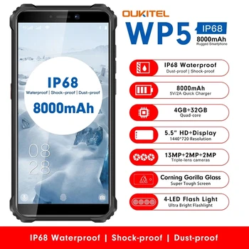 OUKITEL WP5 4G SmartPhone Robusto Quad Core 4GB a 32GB 8000mAh Telefone Móvel 5.5 Polegadas à prova d'água MT6761 Triplo Câmera do Telefone