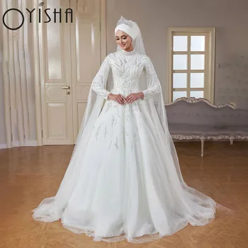 OYISHA de Luxo Frisado Manga Longa Muçulmano de Casamento Vestidos de Gola Alta Islâmica Hijab Vestido de Noiva árabe de Dubai Kaftan Vestidos De Novi