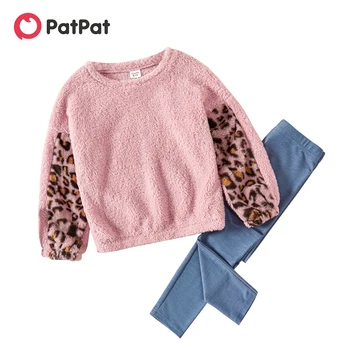 PatPat 2-peça Criança Menina Leopard Impressão Difusa Pulôver de Moletom e Jeans Leggings
