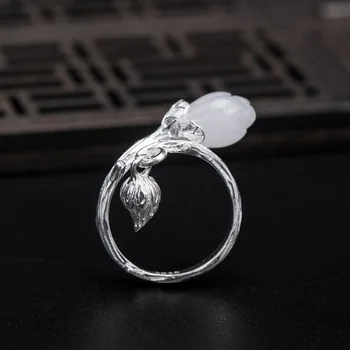 Real de Prata 925 Feminino Magnolia Anéis de Dedo de Retro Estilo Chinês Jade Flor Ajustável Abrir o Anel de Presente para as Mulheres JZ050