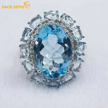SACE GEMAS Chegada Nova Tendência de Prata 925 Céu Topázio Azul pedra preciosa Anéis de acoplamento das Mulheres Coquetel de Finas Jóias