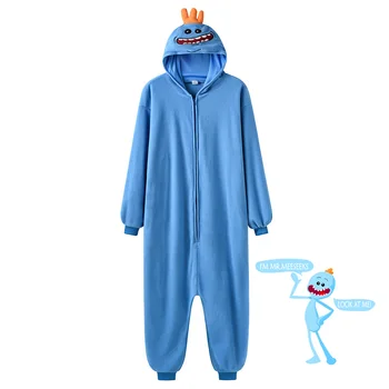 Unisex Onesie Mr Meeseeks Kigurumis Engraçado Pijama Azul De Desenhos Animados Macacão Mulheres Adultos Zíper De Inverno De Halloween Terno Festival De Presente