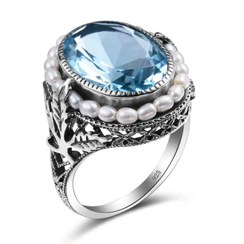 Verdadeira Pérola Prata 925 Anéis De Femmes Topázio Azul Água-Marinha Grande Pedra Preciosa Mulher Anéis De Casamento Jóias Finas