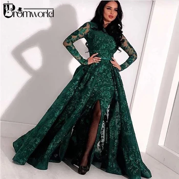 Verde De Mangas Compridas Muçulmano Vestidos De Noite, Em 2022, Rendas De Paetê Fenda Dubai Kaftan Vestido Formal Arábia Árabe Vestido De Baile Elegante