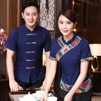 verão garçom tops china restaurante Roupa de Trabalho Chinês Tradicional Restaurante garçonete uniformes de manga curta