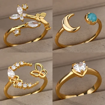 Vintage Coração Zircão Anéis Ajustáveis para as Mulheres de Aço Inoxidável da Cor do Ouro alianças de Casamento Feminino Estética da Jóia anillos mujer