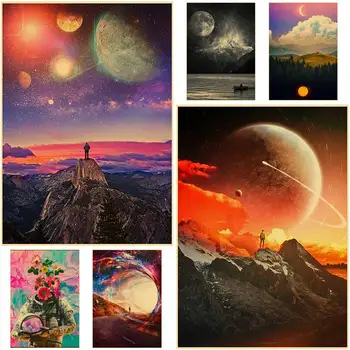 Vintage Espaço de Sonho Cartaz Céu Noturno Universo Terra Galaxy Arte de Parede Pintura de Ficção científica de Imagens para a Sala de Casa Decoração Bar