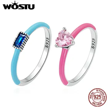 WOSTU 100% 925 Silver Moda Rosa Coração Zircão Tamanho de Anéis Para as Mulheres Fina Azul Zircónio Anéis S925 Jóias Requintadas